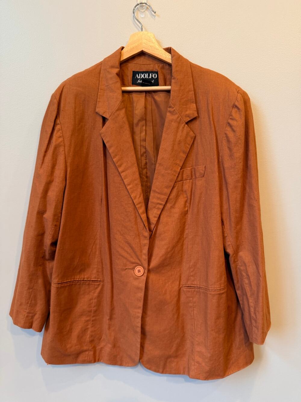 Vintage Adolfo International Linen Cotton Blazer Jacket Rust Orange Size 16 90s